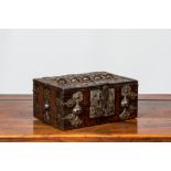 A wrought iron-mounted oak box, 18/19th C.