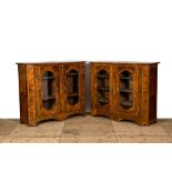 A pair of rootwood veneer display cabinets or buffets, 19th C.