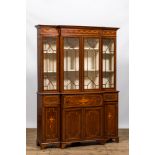 An English neoclassical mahogany marquetry breakfront bookcase, 19/20th C.