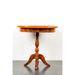 An oval side table with rootwood veneer and parquetry, 20th C