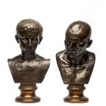 A pair of bronze patinated copper busts of men after the antique, probably Italy, 19/20th C.