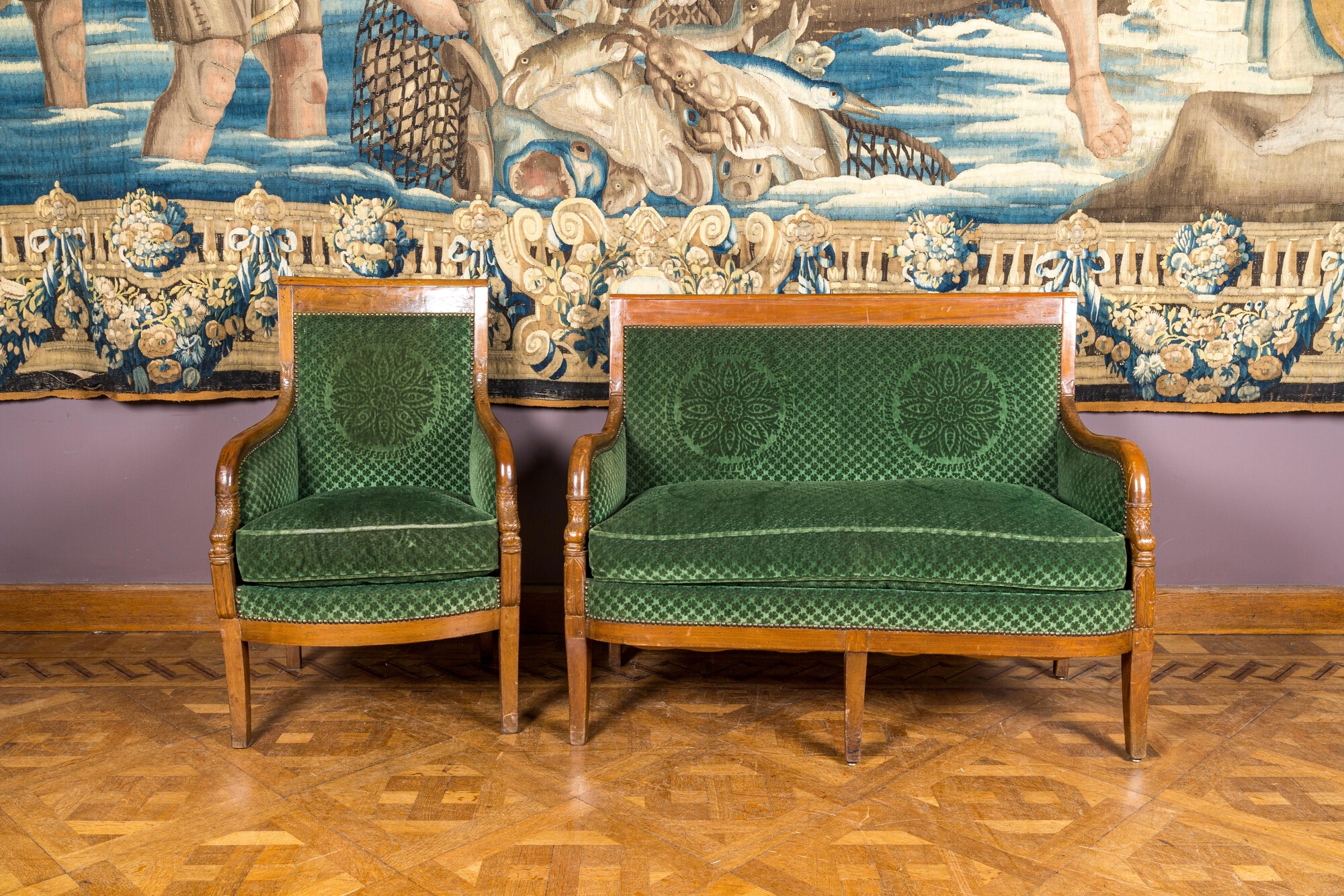 A green-upholstered carved wooden salon set with a two-seater, a fauteuil and three armchairs, 19th - Image 2 of 5