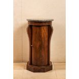 A French round mahogany wooden one-door cabinet stand with marble top, 19th C.
