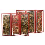 A pair of three-part red lacquered folding screens with collages of historical characters, 19/20th C