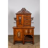 A wooden sideboard with upstand with floral bone inlay, 1st half 20th C.