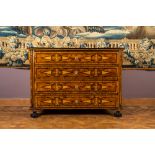 A German burl wood veneered chest of drawers with floral marquetry and parquetry, 18th C.