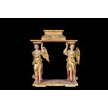 A polychromed and gilt wooden stand supported by two angels, 18th C.