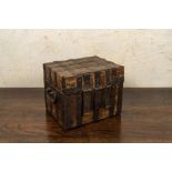 A wrought iron-mounted wooden box, 18/19th C.