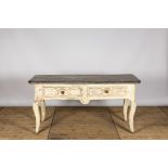 A Louis XV-style patinated oak wooden console table with bluestone top, 18/19th C.