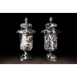 A pair of large black and white 'Grand Antique' marble vases and covers, probably Italy, 19/20th C.