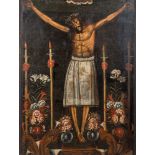 Cuzco school, Peru: 'Crucified Christ', oil on canvas, 17/18th