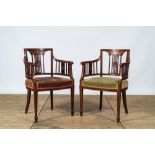 A pair of English neoclassical mahogany marquetry armchairs, 19th C.