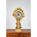 A French polychromed and gilt wooden portico clock on column with harvest design, 18th C. and later