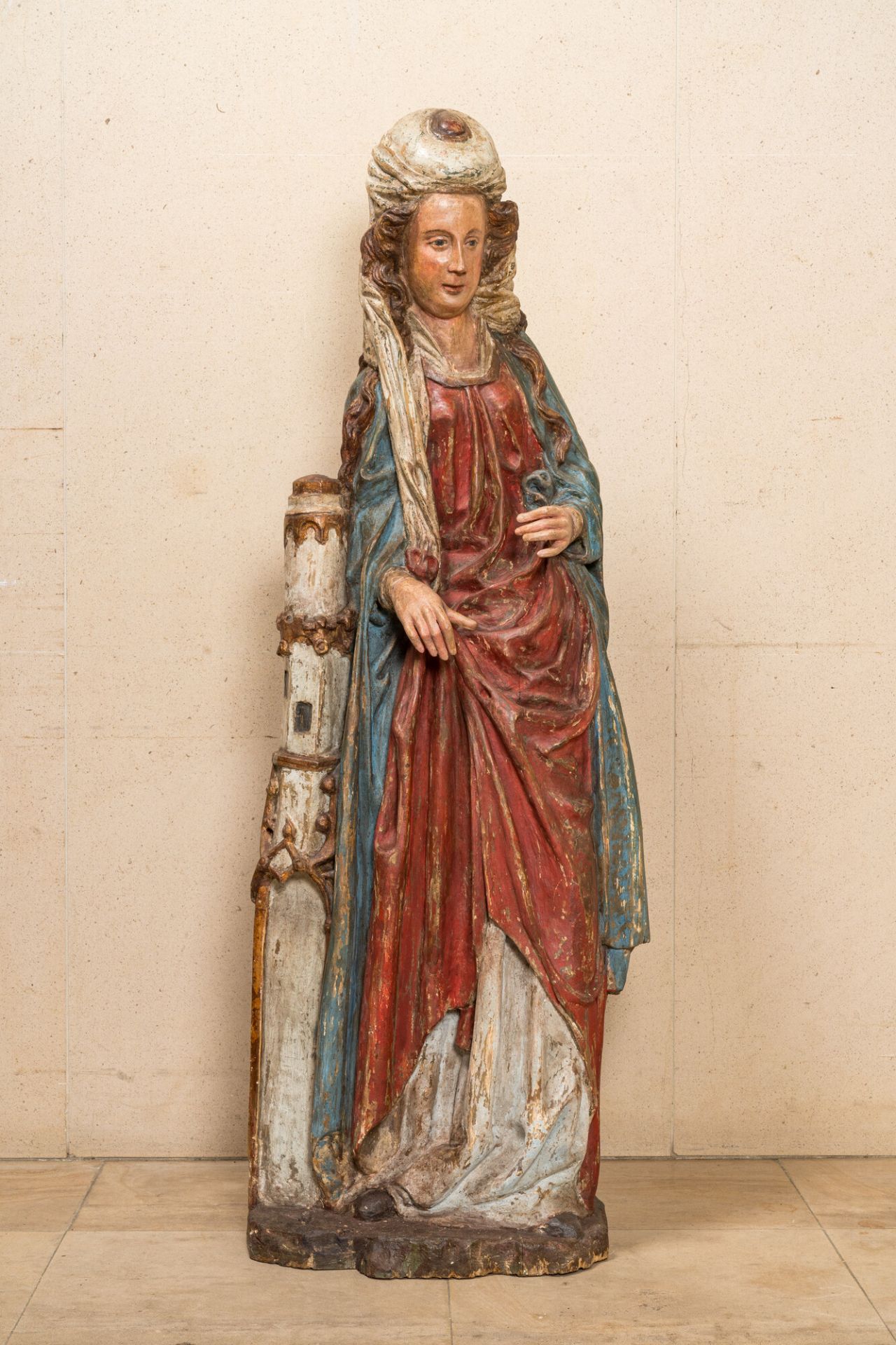 A large polychromed wooden figure of Saint Barbara, -Southern Netherlands, mid 16th C. - Image 2 of 6