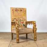 An imposing gilt wooden throne chair with griffins and woven seating in Romanesque style, ca. 1900