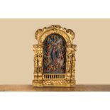 A polychrome and gilt wood oratory with the Coronation of the Virgin amidst cherubs, Italy or Spain,