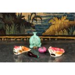 Two Japanese polychrome koi-shaped wall vases and three pieces of porcelain and glass fruit, 19/20th