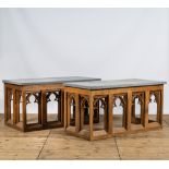 A pair of Gothic Revival oak wooden consoles with bluestone top, 19/20th C.