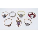 ASSORTED RINGS comprising 9ct gold and platinum diamond ring, two 9ct gold dress rings, white