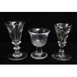 TWO TOASTING GLASSES & A FIRING GLASS, former two with deceptive conical bowls 10.5 & 11cms h,