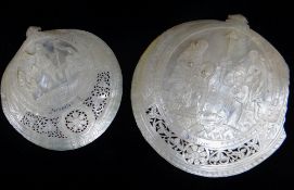 TWO PALESTINIAN / HOLY LAND CARVED OYSTER SHELL SOUVENIRS, one carved with The Ascension of Christ