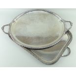 TWO ELECTROPLATED TEA TRAYS, one Victorian and oval with floral and scallop shell engraved centre
