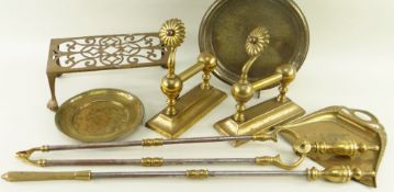 ASSORTED BRASSWARE, including pair chenets, three fire irons, small trivet ETC Provenance: