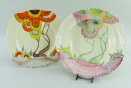 TWO CLARICE CLIFF RHODANTHE PATTERN DISHES, comprising a soup plate, 25cms diam. and a Leda shaped