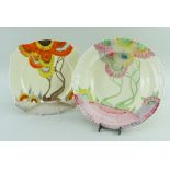 TWO CLARICE CLIFF RHODANTHE PATTERN DISHES, comprising a soup plate, 25cms diam. and a Leda shaped