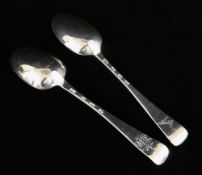 TWO GEORGE III IRISH SILVER 'HANOVARIAN' PATTERN TABLE SPOONS, Joseph Cullen, Dublin 1765 &