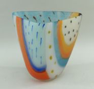 PAULINE SOLVEN STUDIO GLASS VASE, frosted orange and blue tapering triangular form, signed, 17.