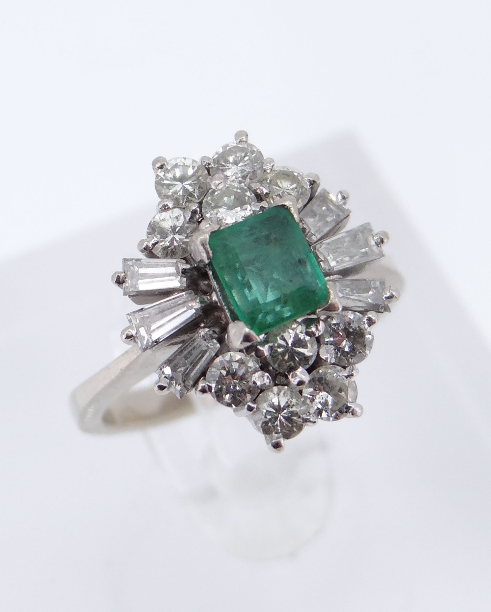 18CT WHITE GOLD EMERALD & DIAMOND CLUSTER RING, the central emerald (5 x 4mms approx.) surrounded by - Image 2 of 3