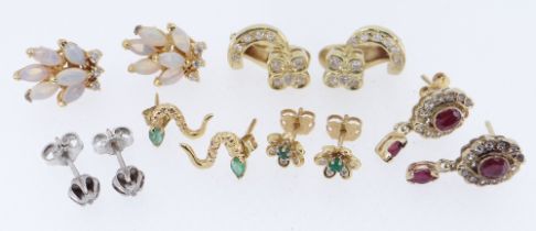 SIX PAIRS OF GEM SET EARRINGS, comprising pair of opal set, pair of emerald and diamond flower