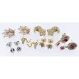 SIX PAIRS OF GEM SET EARRINGS, comprising pair of opal set, pair of emerald and diamond flower