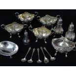LATE VICTORIAN SILVER CRUET / CONDIMENT SET comprising four twin-handled salts and spoons, mustard