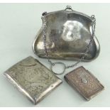 ASSORTED SILVER comprising ladies silver purse, engraved silver cigarette case and small white metal