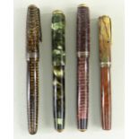 FOUR PARKER FOUNTAIN PENS, brown and burgundy banded, green marbled Vacumatic, and a Moderne (4)