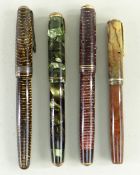 FOUR PARKER FOUNTAIN PENS, brown and burgundy banded, green marbled Vacumatic, and a Moderne (4)