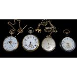 FOUR VARIOUS OPEN FACE POCKET WATCH comprising military example stamped to the back with arrow