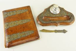 VICTORIAN CUT BRASS INLAID INKSTAND & BLOTTER, shaped inkstand with associated silver capstan