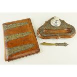 VICTORIAN CUT BRASS INLAID INKSTAND & BLOTTER, shaped inkstand with associated silver capstan