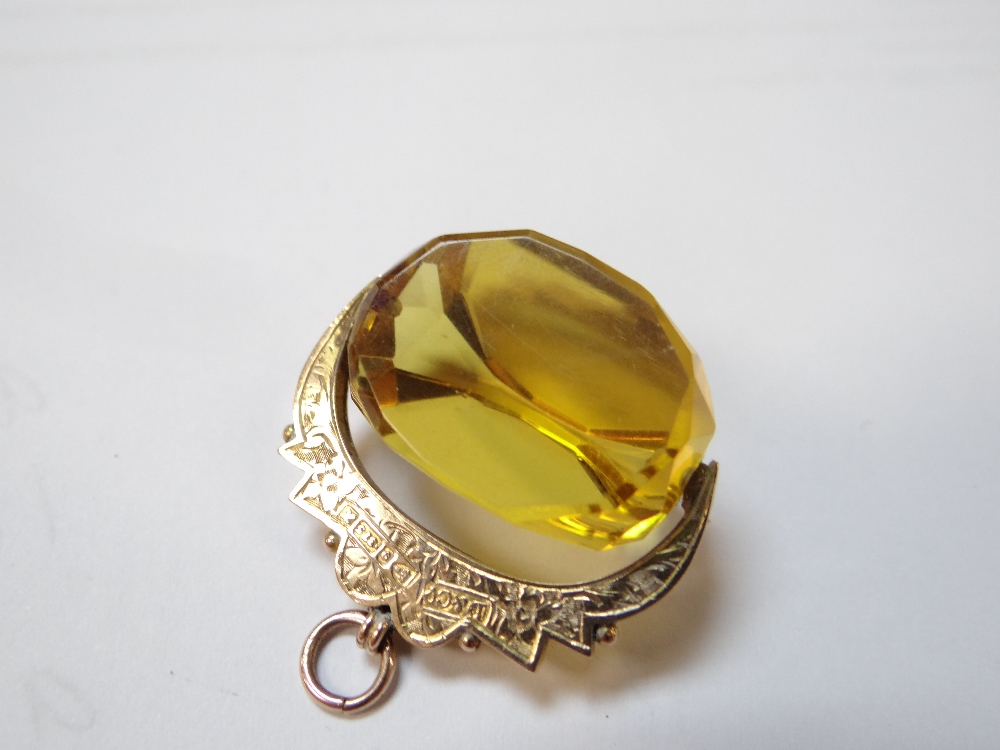 9CT GOLD REVOLVING CITRINE FOB, on long 9ct gold guard chain, 150cms long, 35.3gms overall - Image 6 of 8