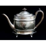 GEORGE III SILVER TEAPOT & STAND, Thomas Robins, London 1802, oval with engraved borders and