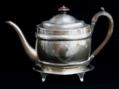 GEORGE III SILVER TEAPOT & STAND, Thomas Robins, London 1802, oval with engraved borders and