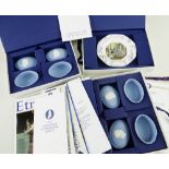 FOUR MODERN WEDGWOOD BLUE JASPER OVAL BOXES & A CHINA PIN DISH, boxed in Wedgwood International