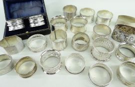 ASSORTED SILVER NAPKIN RINGS including a boxed pair of Edward VII rings engraved with presentation