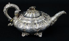 GEORGE IV SILVER MELON SHAPED TEAPOT, Rebecca Emes & Edward Barnard I, London 1827,of circular squat