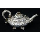 GEORGE IV SILVER MELON SHAPED TEAPOT, Rebecca Emes & Edward Barnard I, London 1827,of circular squat