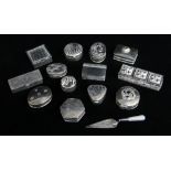 ASSORTED SILVER OR WHITE METAL BOXES, various designs and dates, most with hallmarks, and a mother