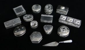 ASSORTED SILVER OR WHITE METAL BOXES, various designs and dates, most with hallmarks, and a mother